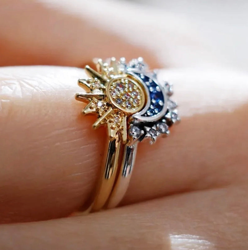 Two-Piece Sun and Moon Ring Set with Crystal-Style Details