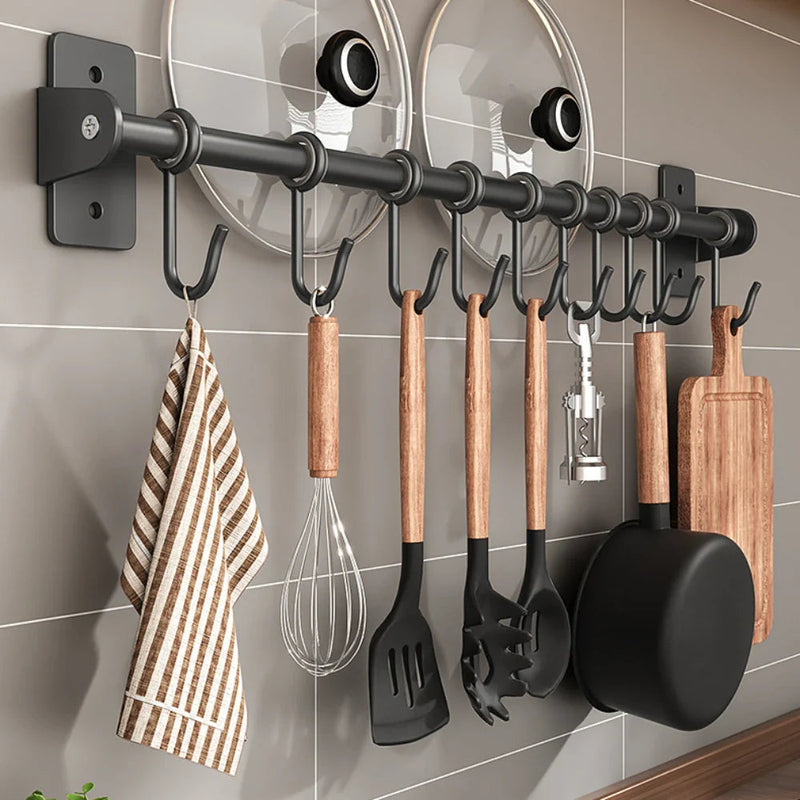 Wall-Mounted Kitchen Utensil and Lid Rack with Sliding Hooks