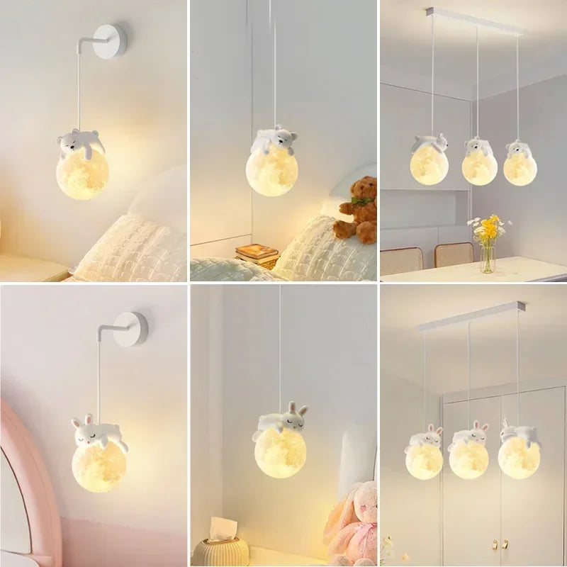 Children's Room Pendant Light with Bear or Rabbit Design for Warm and Soothing Lighting