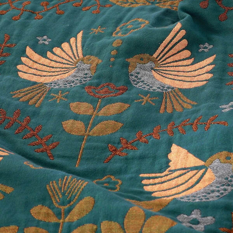 Reversible Cotton Throw with Scandinavian Bird and Floral Design