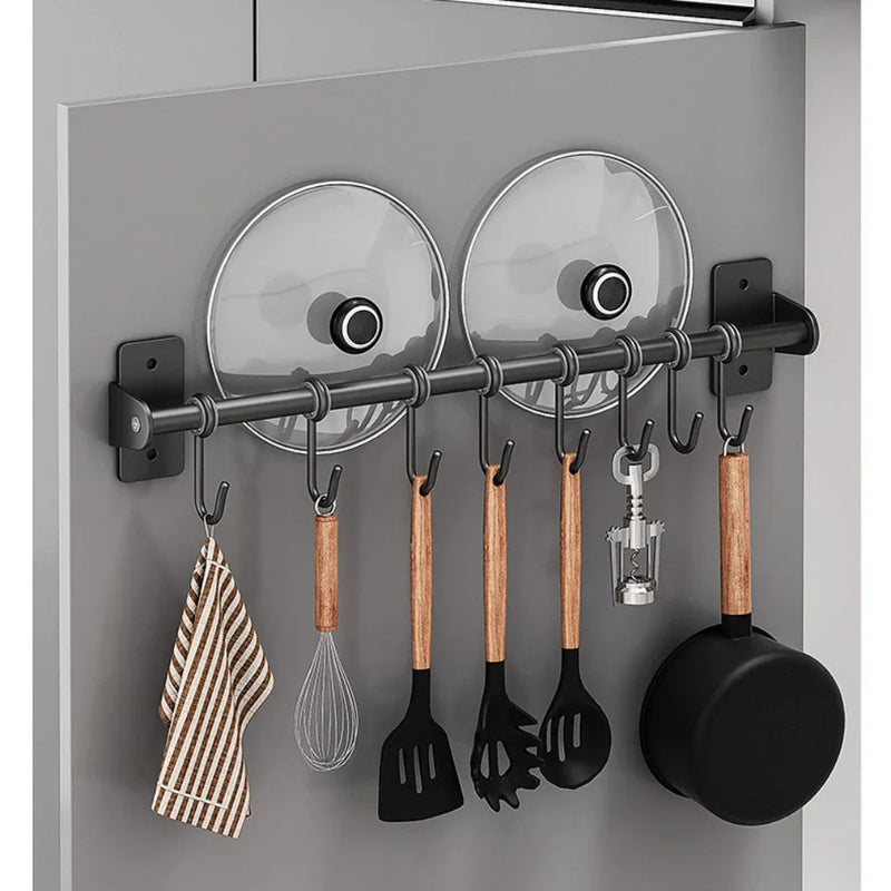 Wall-Mounted Kitchen Utensil and Lid Rack with Sliding Hooks