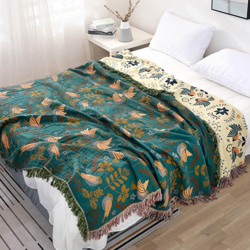 Reversible Cotton Throw with Scandinavian Bird and Floral Design