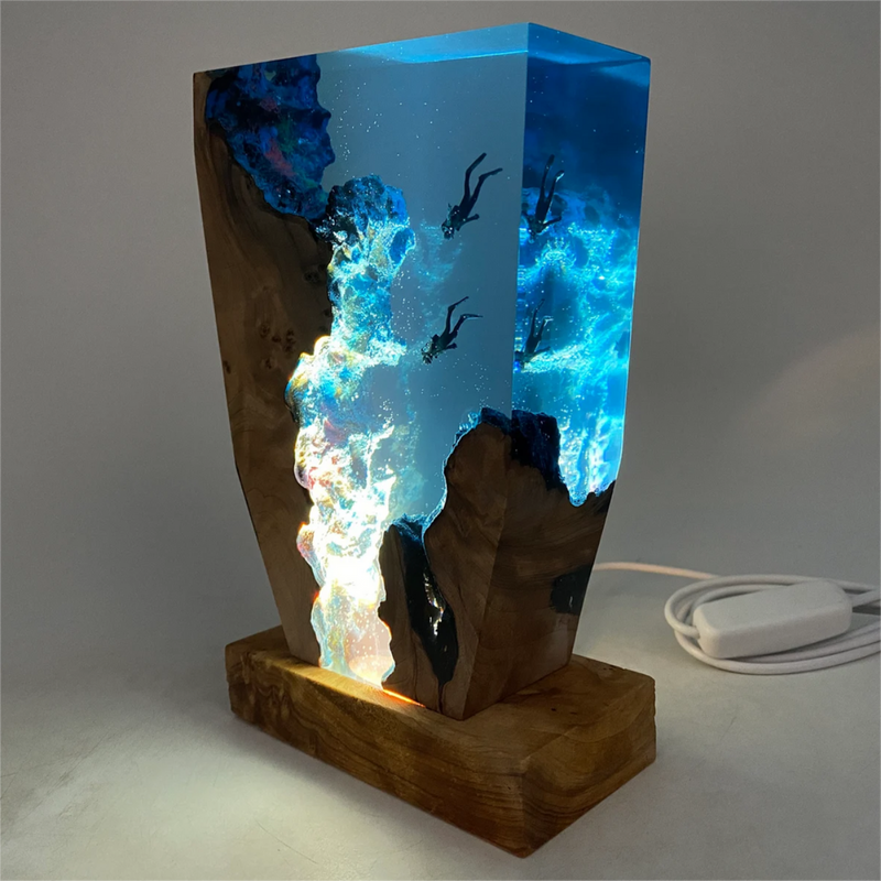 Wood and Resin Diving Scene Lamp with Integrated LED Lighting