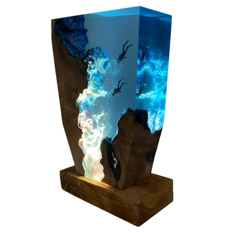 Wood and Resin Diving Scene Lamp with Integrated LED Lighting
