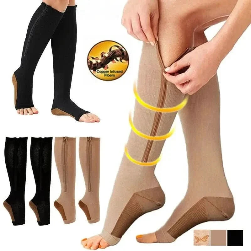 Compression Socks with Zip Closure and Open Toe for Everyday Support