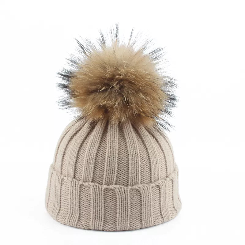 Knitted Ribbed Beanie with Faux-Fur Pom-Pom