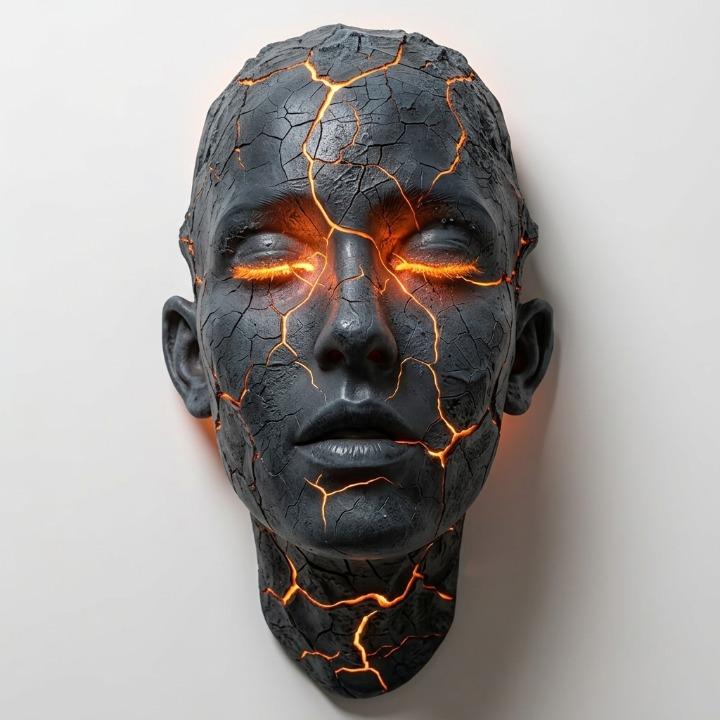 Sculptural Face LED Wall Sconce with Illuminated Cracks