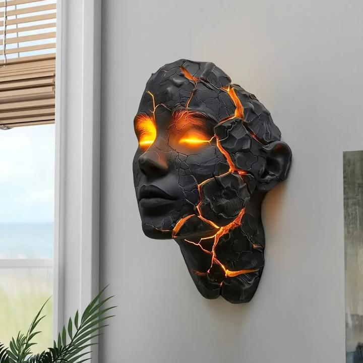 Sculptural Face LED Wall Sconce with Illuminated Cracks