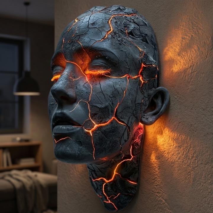 Sculptural Face LED Wall Sconce with Illuminated Cracks