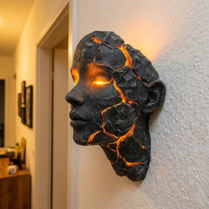 Sculptural Face LED Wall Sconce with Illuminated Cracks