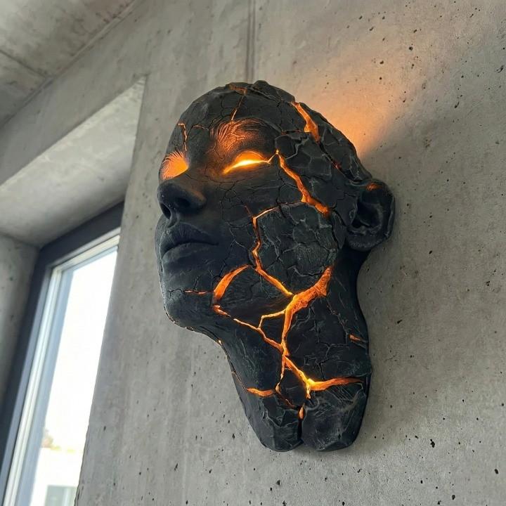Sculptural Face LED Wall Sconce with Illuminated Cracks