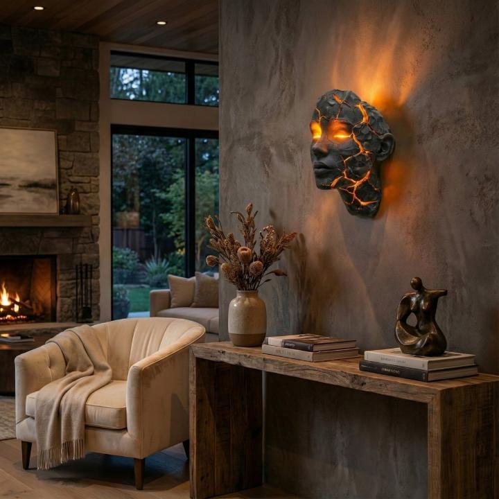 Sculptural Face LED Wall Sconce with Illuminated Cracks