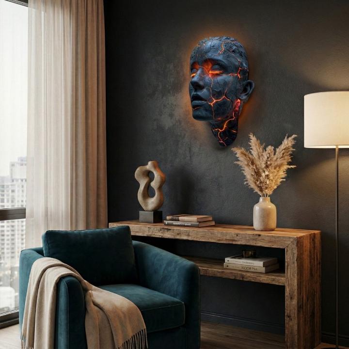 Sculptural Face LED Wall Sconce with Illuminated Cracks