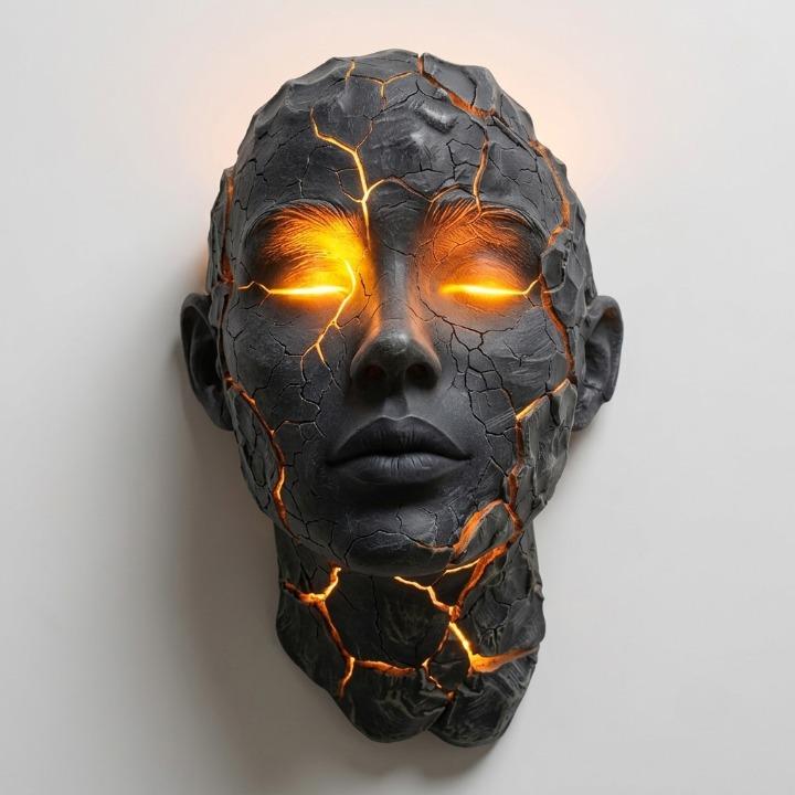 Sculptural Face LED Wall Sconce with Illuminated Cracks