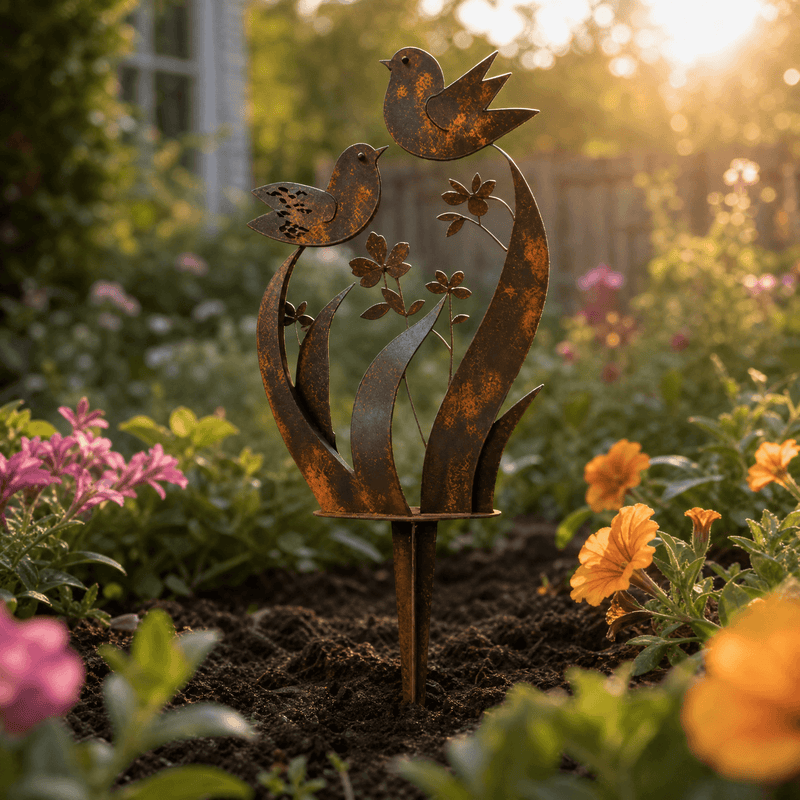Rustic Bird & Wildflower Iron Garden Stake