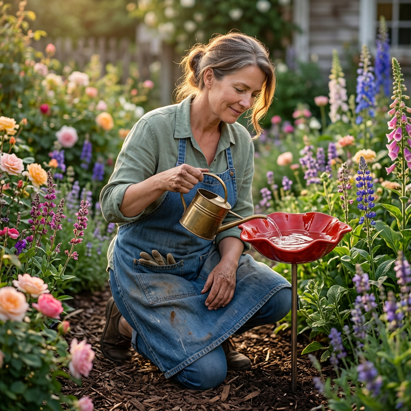 Poppy Flower Garden Bird Bath with Ground Stake