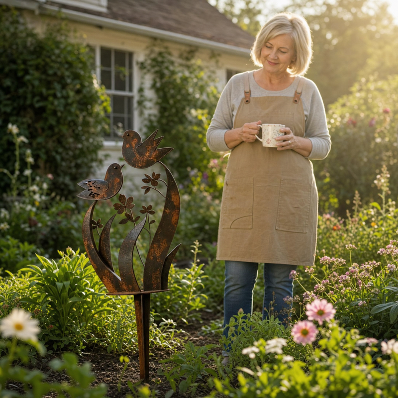 Rustic Bird & Wildflower Iron Garden Stake