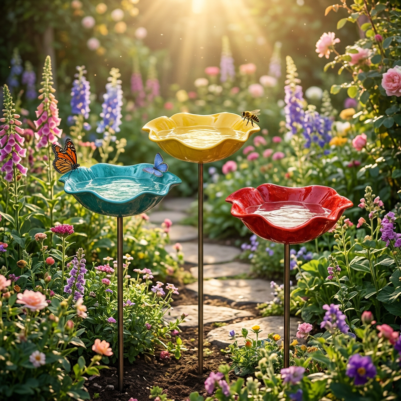 Poppy Flower Garden Bird Bath with Ground Stake