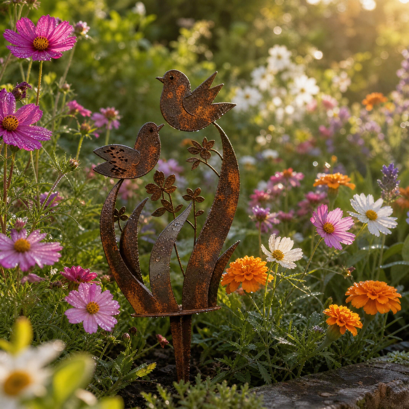 Rustic Bird & Wildflower Iron Garden Stake
