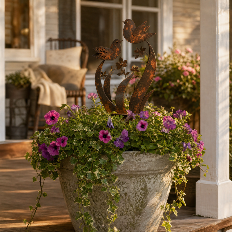 Rustic Bird & Wildflower Iron Garden Stake