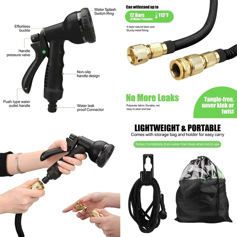 Expandable Garden Hose with Spray Gun - Flexible and Kink-Free