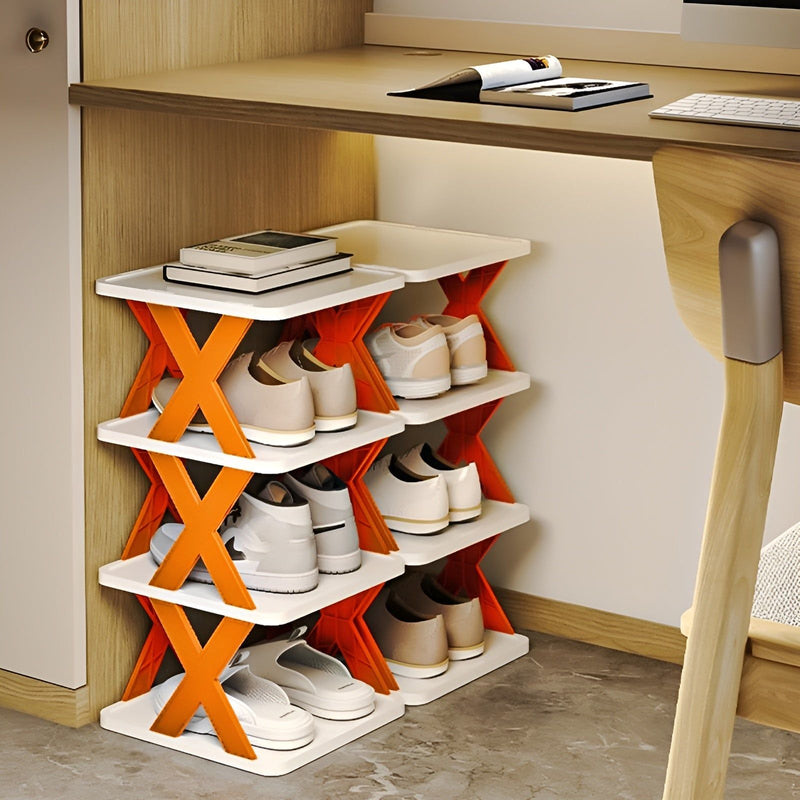 Folding Shoe Rack with Tiered Shelves and X-Frame Sides for Hallways