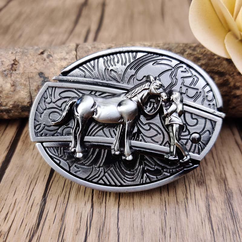 Western Oval Belt Buckle with Decorative Motif
