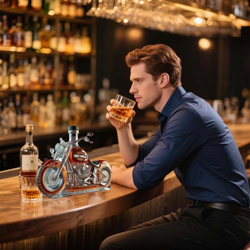 Motorcycle-Shaped Glass Decanter with Detailed Cruiser Design