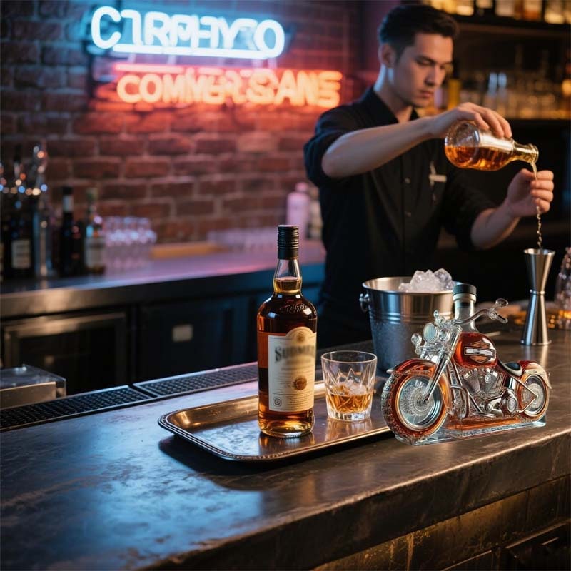 Motorcycle-Shaped Glass Decanter with Detailed Cruiser Design