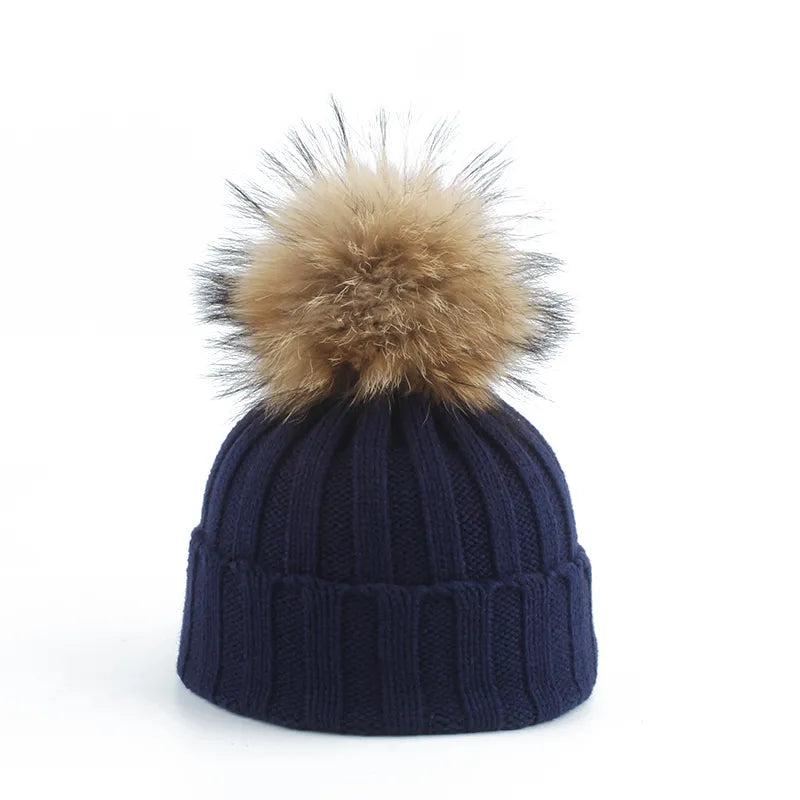 Knitted Ribbed Beanie with Faux-Fur Pom-Pom