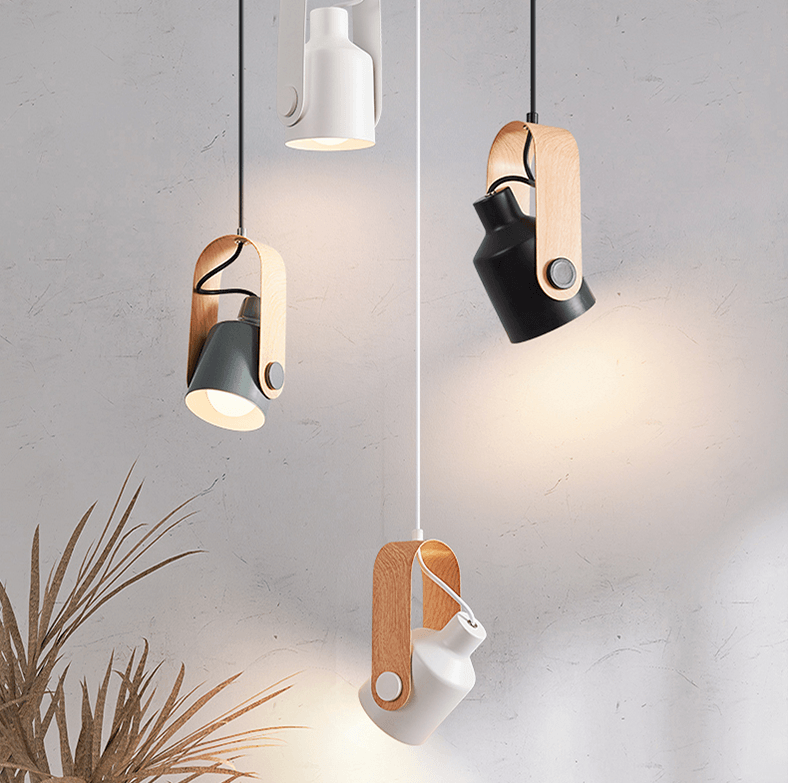 Scandinavian Pendant Lamp with Wooden Bracket and Adjustable Spotlight