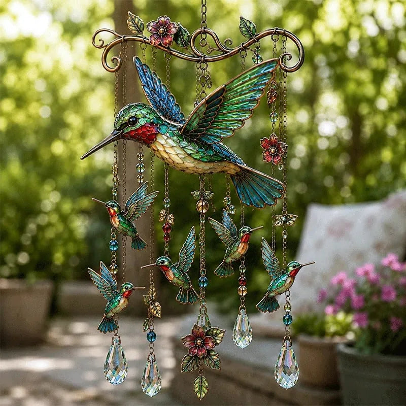 Decorative Hummingbird Wind Chime with Crystal Drops & Floral Details