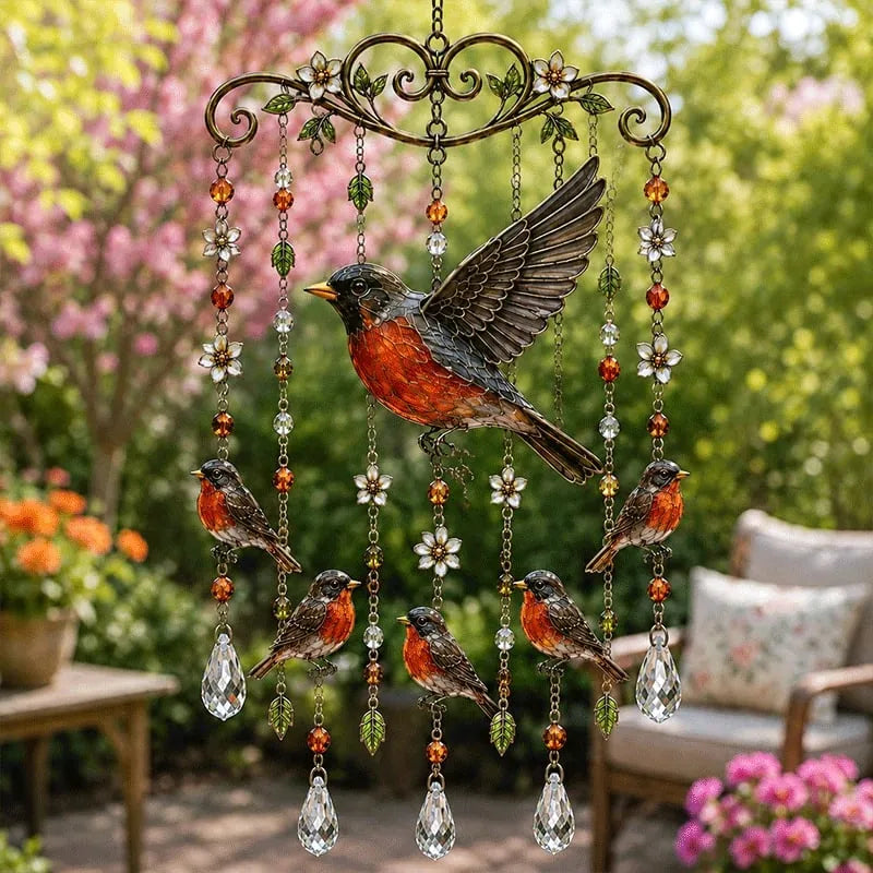 Decorative Hummingbird Wind Chime with Crystal Drops & Floral Details