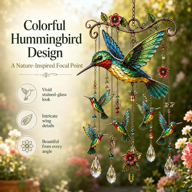 Decorative Hummingbird Wind Chime with Crystal Drops & Floral Details