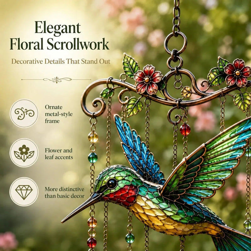 Decorative Hummingbird Wind Chime with Crystal Drops & Floral Details