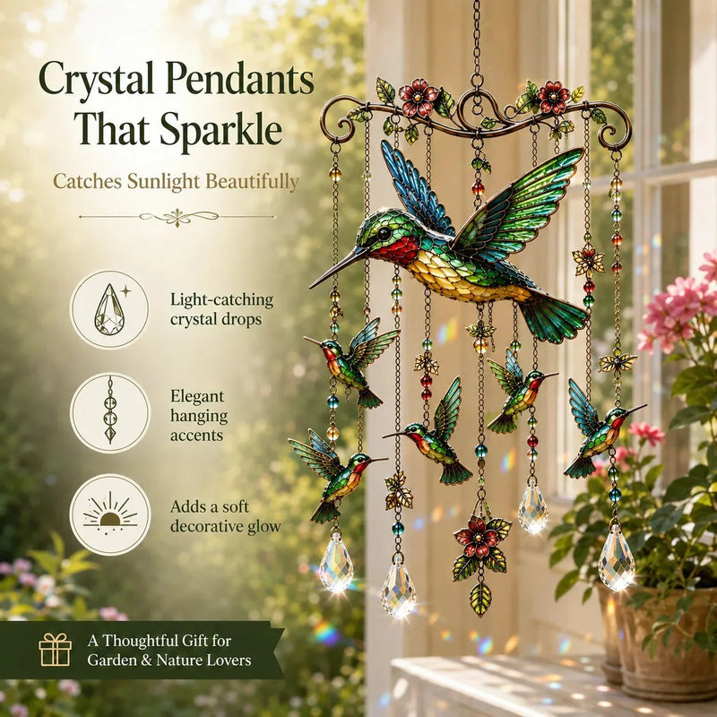 Decorative Hummingbird Wind Chime with Crystal Drops & Floral Details