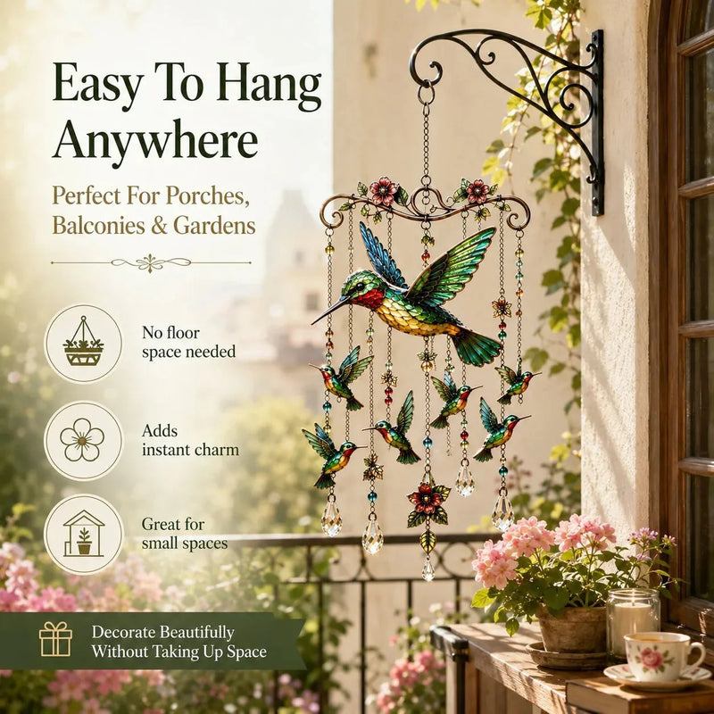 Decorative Hummingbird Wind Chime with Crystal Drops & Floral Details