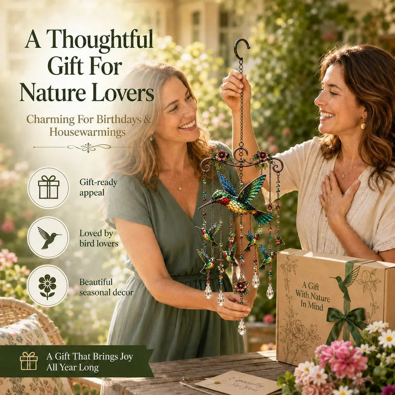 Decorative Hummingbird Wind Chime with Crystal Drops & Floral Details