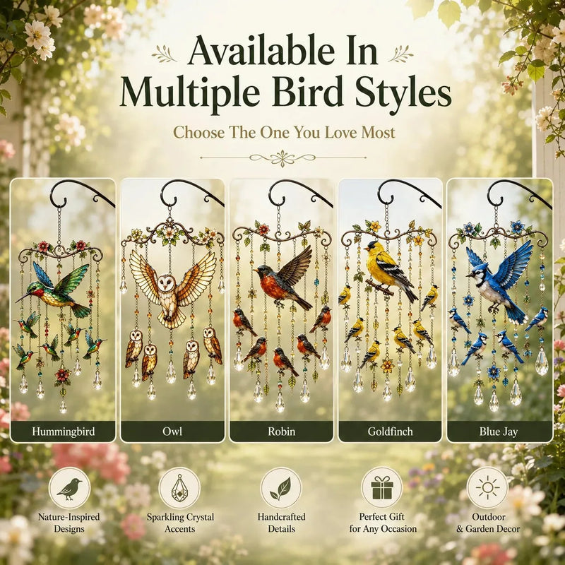Decorative Hummingbird Wind Chime with Crystal Drops & Floral Details
