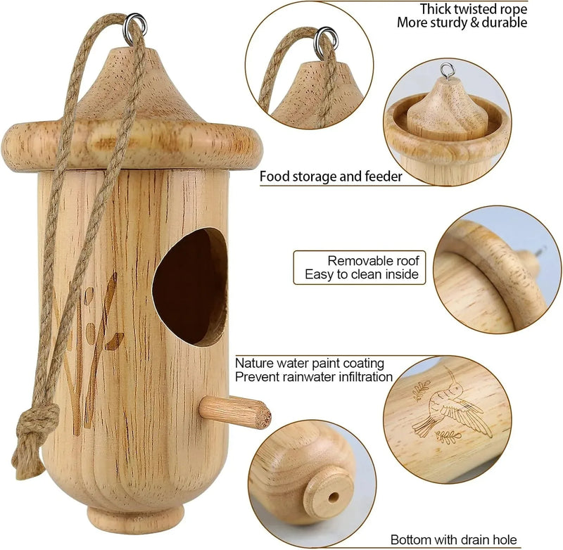 Natural Pine Hanging Birdhouse with Removable Roof & Feeding Groove