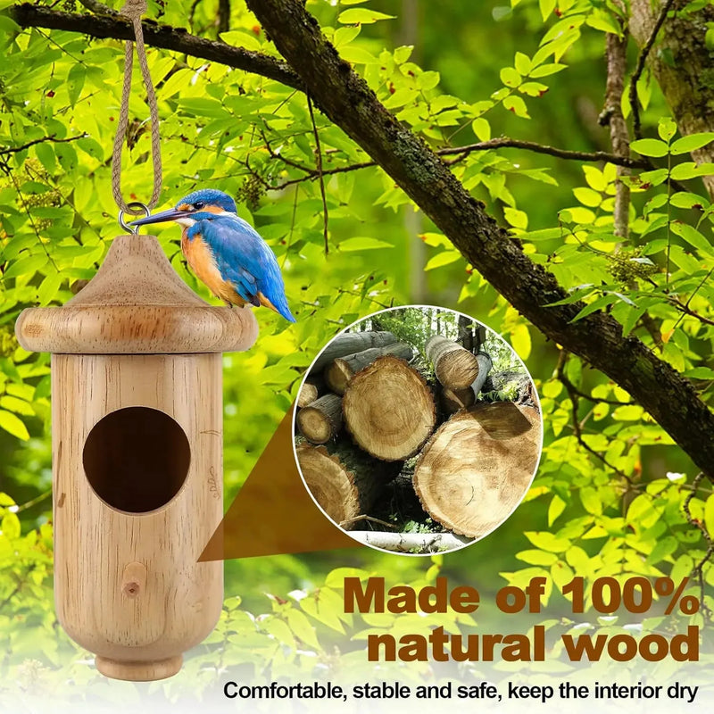 Natural Pine Hanging Birdhouse with Removable Roof & Feeding Groove