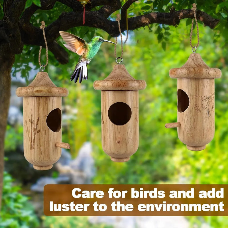 Natural Pine Hanging Birdhouse with Removable Roof & Feeding Groove