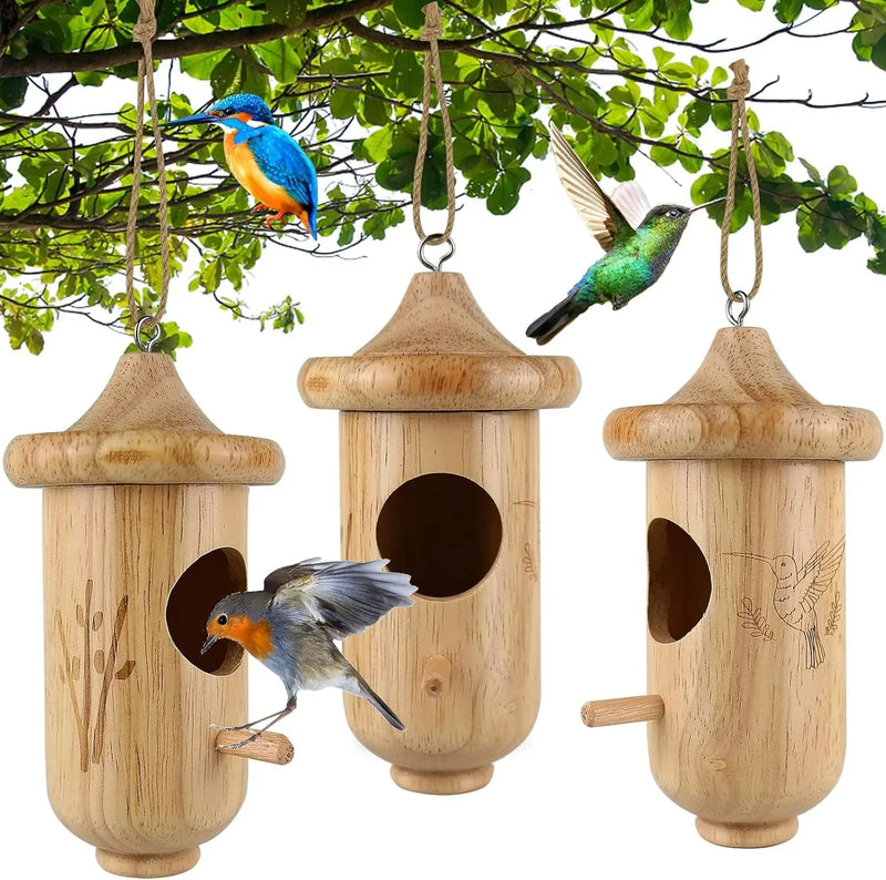 Natural Pine Hanging Birdhouse with Removable Roof & Feeding Groove