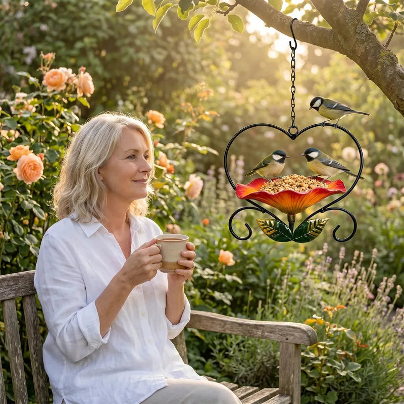 2-in-1 Hanging Metal Bird Bath & Feeder with Flower-Shaped Basin