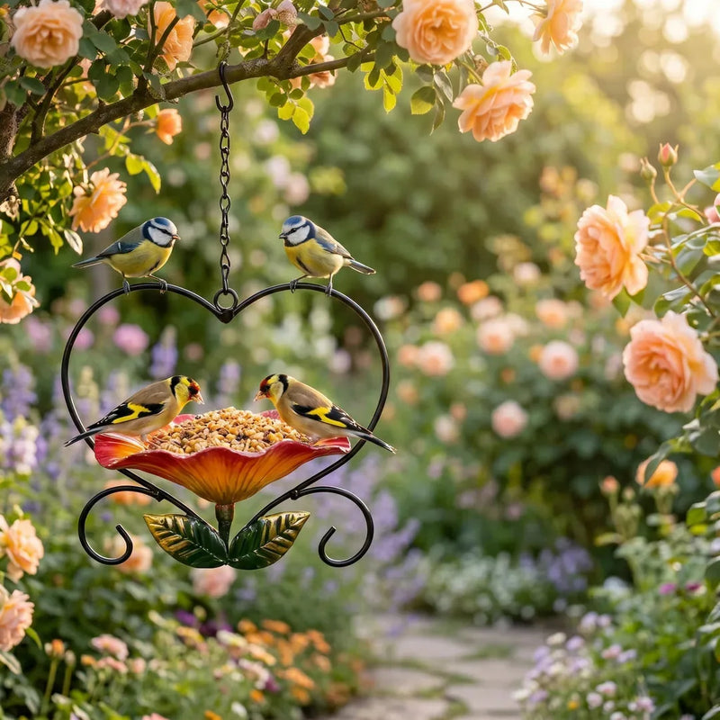 2-in-1 Hanging Metal Bird Bath & Feeder with Flower-Shaped Basin
