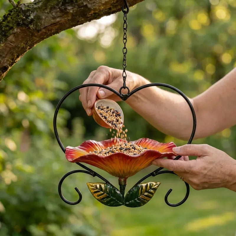 2-in-1 Hanging Metal Bird Bath & Feeder with Flower-Shaped Basin