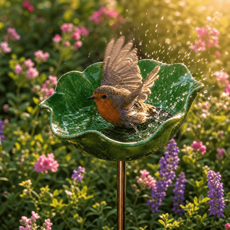 Poppy Flower Metal Bird Bath with Ground Stake
