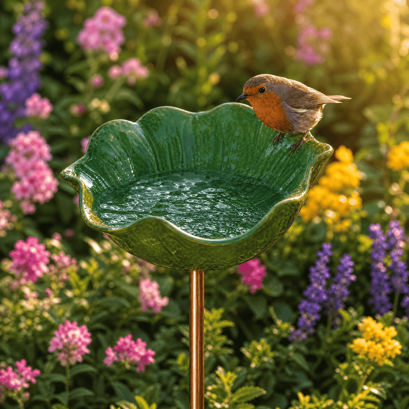 Poppy Flower Metal Bird Bath with Ground Stake