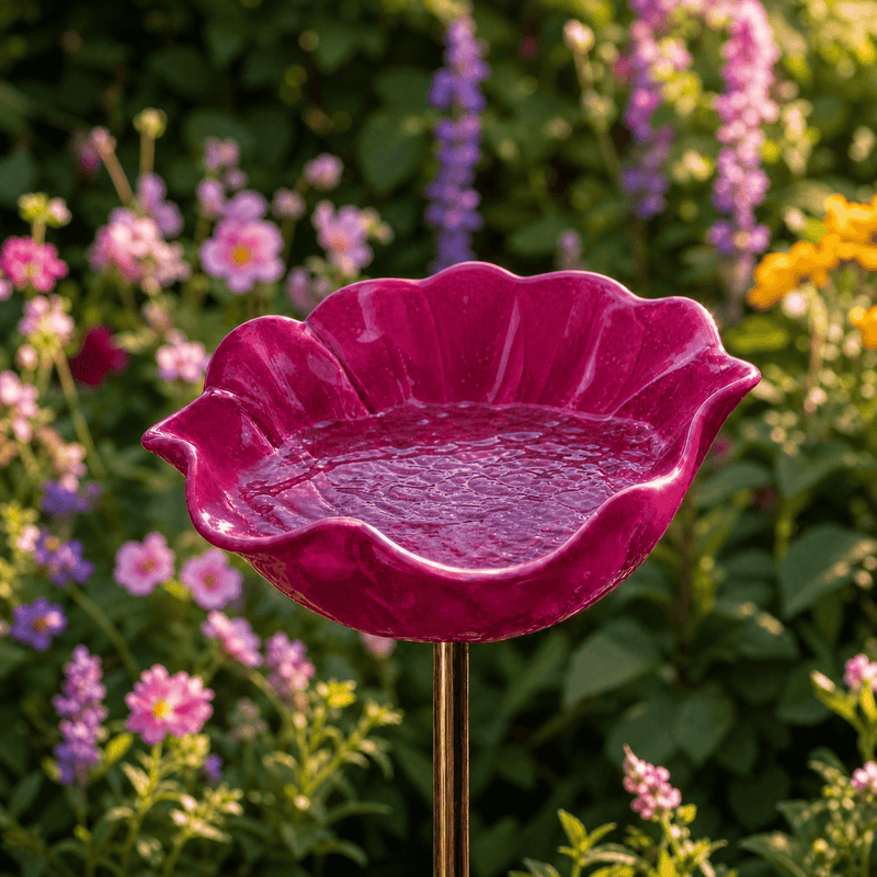 Poppy Flower Metal Bird Bath with Ground Stake