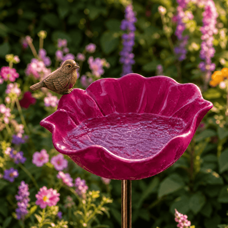 Poppy Flower Garden Bird Bath with Ground Stake